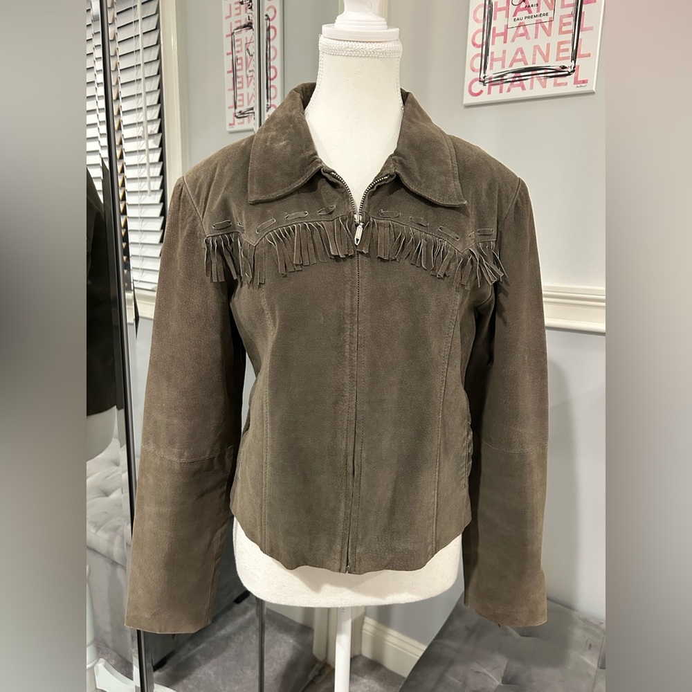 Jou jou Olive Green Suede Fringe Zip Jacket